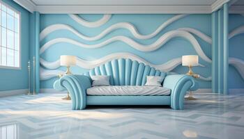 moderno dormitorio diseño con azul decoración y cómodo lecho generado por ai foto