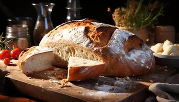 Freshly baked homemade bread on rustic wooden table, ready to eat generated by AI photo