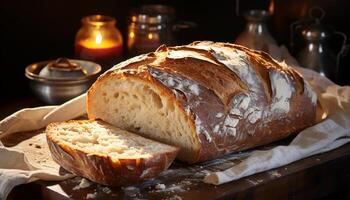 Freshly baked homemade ciabatta, a rustic gourmet meal on wooden table generated by AI photo