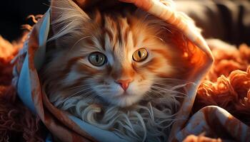 Cute kitten with fluffy fur looking at camera, playful and fun generated by AI photo