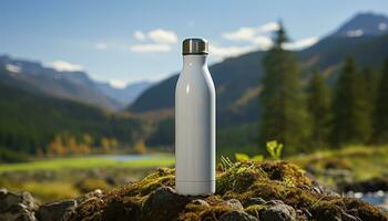 Fresh mountain water in a bottle, a refreshing outdoor adventure generated by AI photo