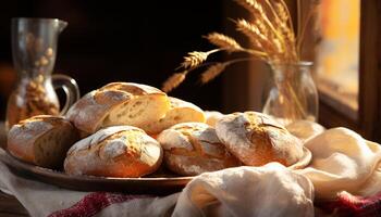 Freshly baked homemade bread on rustic wooden table generated by AI photo