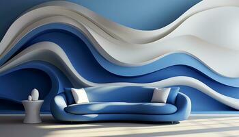 moderno azul sofá diseño con a rayas patrón, cómodo y elegante generado por ai foto