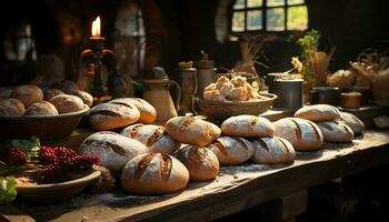 Freshly baked bread on rustic wooden table, homemade and organic generated by AI photo