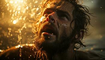 A joyful man splashes water, celebrating outdoors with friends generated by AI photo