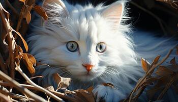 Cute kitten sitting on grass, staring at you, playful nature generated by AI photo