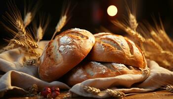 Freshly baked bread, a rustic homemade meal on a wooden table generated by AI photo