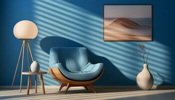 moderno azul silla y mesa en un brillante, elegante habitación generado por ai foto