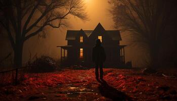 Men walking in a spooky forest at night, surrounded by fog generated by AI photo