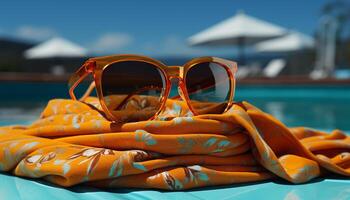 Summer vacations relaxation, outdoors, tourist resort, blue sunglasses generated by AI photo