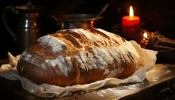 hecho en casa un pan horneado en madera mesa, un rústico gastrónomo deleite generado por ai foto