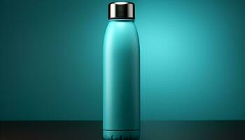 A clean, blue plastic bottle holds refreshing liquid generated by AI photo