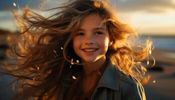 sonriente mujer disfruta despreocupado verano, felicidad en naturaleza belleza generado por ai foto