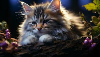 Fluffy kitten sitting in grass, staring at camera with curiosity generated by AI photo