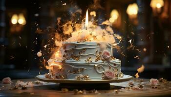 Burning candle illuminates birthday cake, a sweet indulgence celebration generated by AI photo