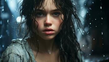 One beautiful woman, wet hair, looking at camera outdoors generated by AI photo