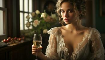joven mujer en elegante vestir disfruta champán a hogar generado por ai foto