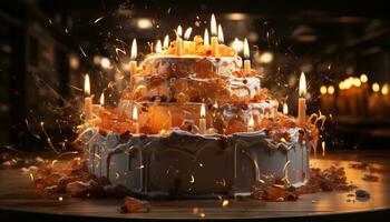 Burning candle melts chocolate on birthday cake, glowing dessert indulgence generated by AI photo