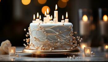 Glowing candle illuminates sweet chocolate dessert on elegant table generated by AI photo