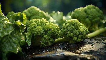 Fresh, organic vegetables broccoli, cauliflower, kale, on rustic table generated by AI photo