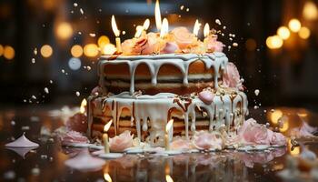 Birthday cake with candles, chocolate icing, and colorful decorations generated by AI photo