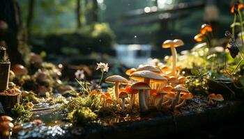 Freshness and growth in autumn forest, close up of edible mushroom generated by AI photo