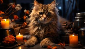 Cute kitten sitting on table, illuminated by candlelight generated by AI photo