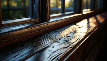 Old rustic window frame with wood plank table indoors generated by AI photo