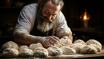 One man kneading dough, preparing homemade bread in kitchen generated by AI photo