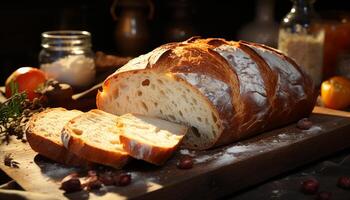 Freshly baked ciabatta on rustic wooden table, a gourmet delight generated by AI photo