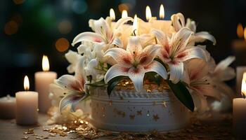 brillante vela ilumina elegante flor acuerdo, creando un romántico ambiente generado por ai foto