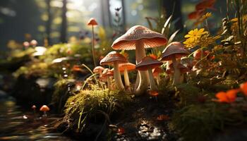 Freshness of autumn, a close up of a poisonous toadstool generated by AI photo