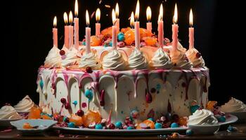 cumpleaños celebracion dulce, gastrónomo pastel con multi de colores decoración y velas generado por ai foto