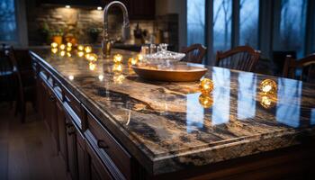 Cozy kitchen glows with candlelight, warmth, and modern elegance generated by AI photo