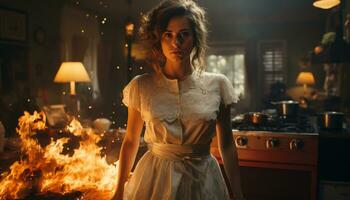 Beautiful woman in a dress, smiling, holding a burning flame generated by AI photo