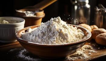 Fresh homemade bread on rustic wooden table, healthy and delicious generated by AI photo