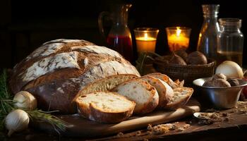 Freshly baked bread on rustic wooden table, a gourmet delight generated by AI photo