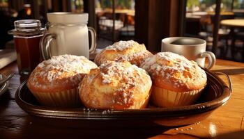 Homemade muffin and coffee on rustic wood table generated by AI photo