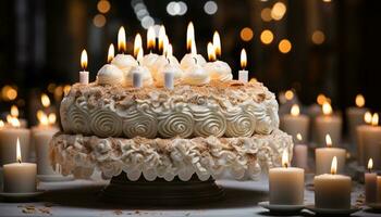 Burning candle illuminates sweet birthday cake, creating a glowing celebration generated by AI photo