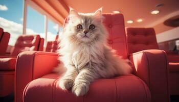 un linda gatito sentado en un cómodo silla, mirando a usted generado por ai foto