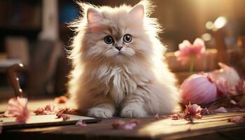 Cute kitten sitting on table, looking at camera, fluffy fur generated by AI photo