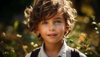 sonriente niño al aire libre, felicidad en naturaleza, linda retrato de chico generado por ai foto