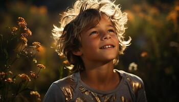 sonriente niño disfruta despreocupado verano, jugando al aire libre en naturaleza generado por ai foto