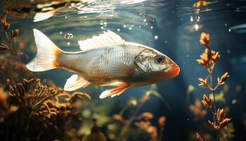 A colorful goldfish swims gracefully in the clear blue water generated by AI photo