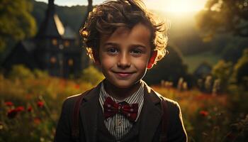 Smiling child, happiness in nature, one boy enjoying autumn generated by AI photo