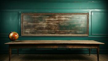 Old blackboard on wooden wall in empty classroom, teaching material generated by AI photo