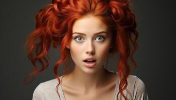 Beautiful redhead woman with curly hair looking at camera, smiling generated by AI photo