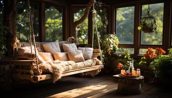 Comfortable modern living room with wood furniture and nature view generated by AI photo