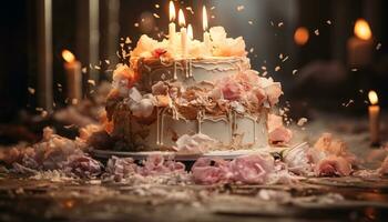Burning candle illuminates dark table, indulging in sweet dessert generated by AI photo