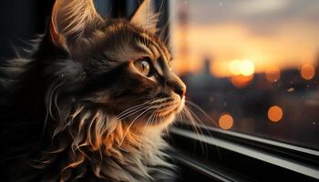 Cute kitten sitting by window, staring at night sky generated by AI photo